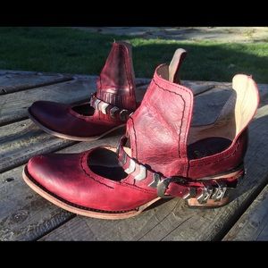 Distressed leather chevron buckle cut out bootie